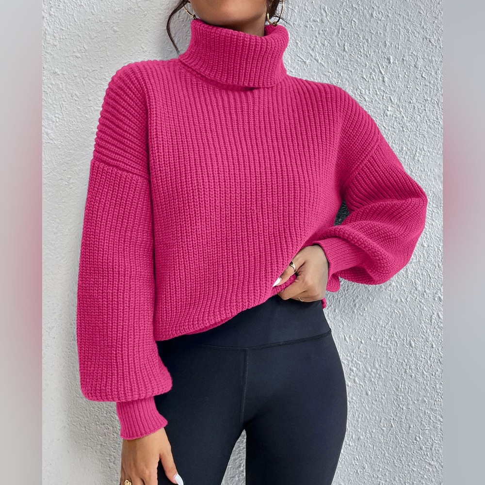 Turtle neck pull over rib knit long sleeve sweater blue - Picture 6 of 15